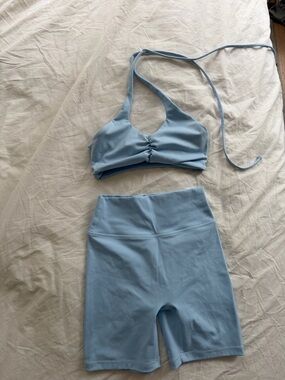 Elite Eleven Light Blue Active Halter Sports Bra and High-Waist Biker Shorts Set